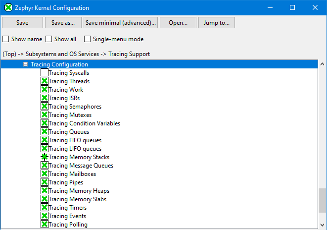 Kconfig screenshot, tracing configuration