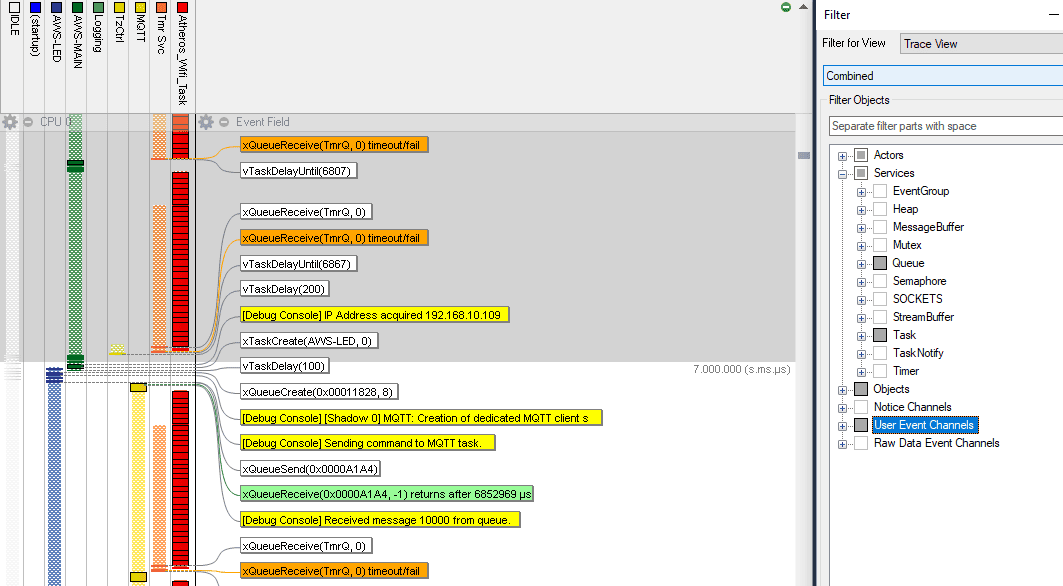 Tracealyzer showing multiple threads, events and the filter.