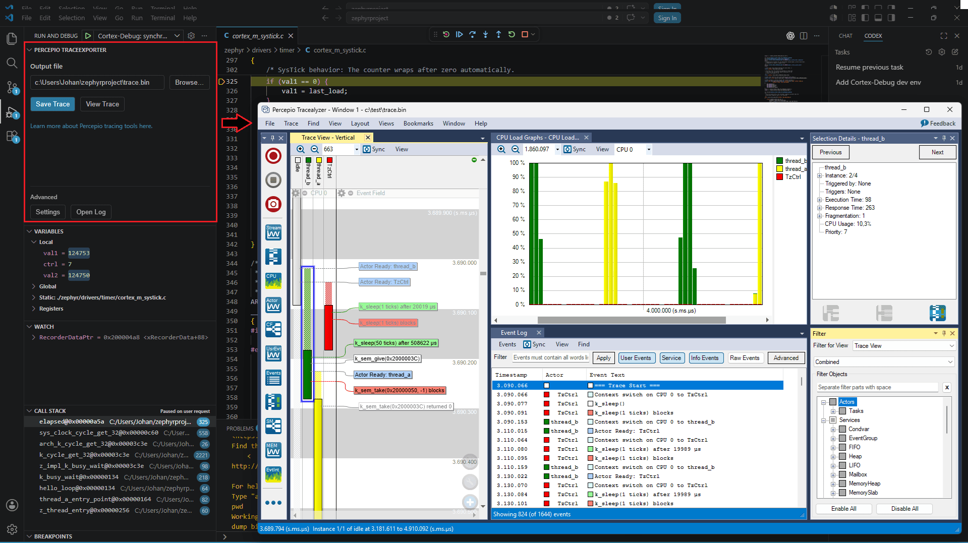 Percepio TraceExporter for VS Code and Percepio Tracealyzer showing the result