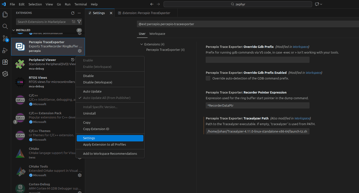 TraceExporter for VS Code settings